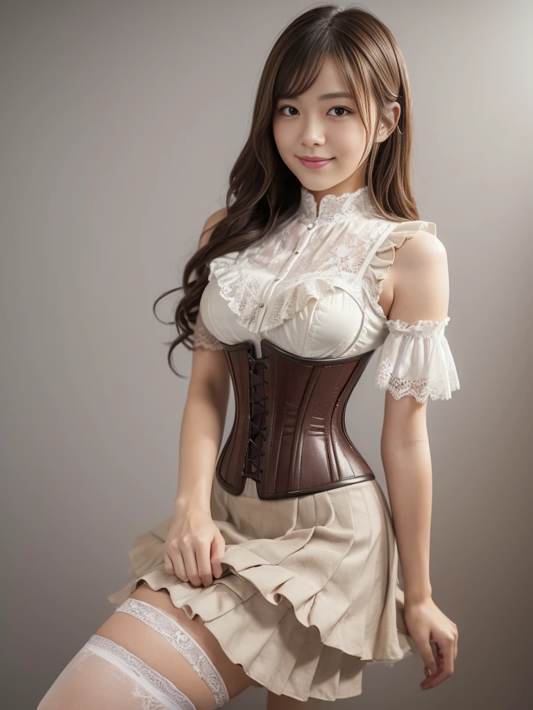 steampunk, Pink underwear, beautiful girl, 1, Japanese clothing, knife, ((Layered Haircut, Normal Chest: 1.2)), , Bandeau dress: 1.1,(masterpiece, Highest quality, Highest quality, Official Art, Beautiful and aesthetic:1.2), (1:1.3), Very detailed,(steampunk:1.2),colorful,Most detailed, Movie actress, (8k、Raw photo、Highest quality、masterpiece:1.2)、(Realistic、Photorealistic:1.37)、Full body shot Ultra Detail、超A high resolution、E-cup bust、beautiful 、1 person、See who&#39;s watching、Beautifully detailed face、Laughter、Full body 3/4、ponytail、beautiful belly button、beautiful bust、narrow、(Slim Waist) :1.3)、shirt、beautiful detailed skin、White panties、Skin Texture、Floating hair、Professional Lighting、Medium breast、Kind eyes、The bra is cute、The panties are cute、Panties are sexy、Showing off your bra、Showing panties
