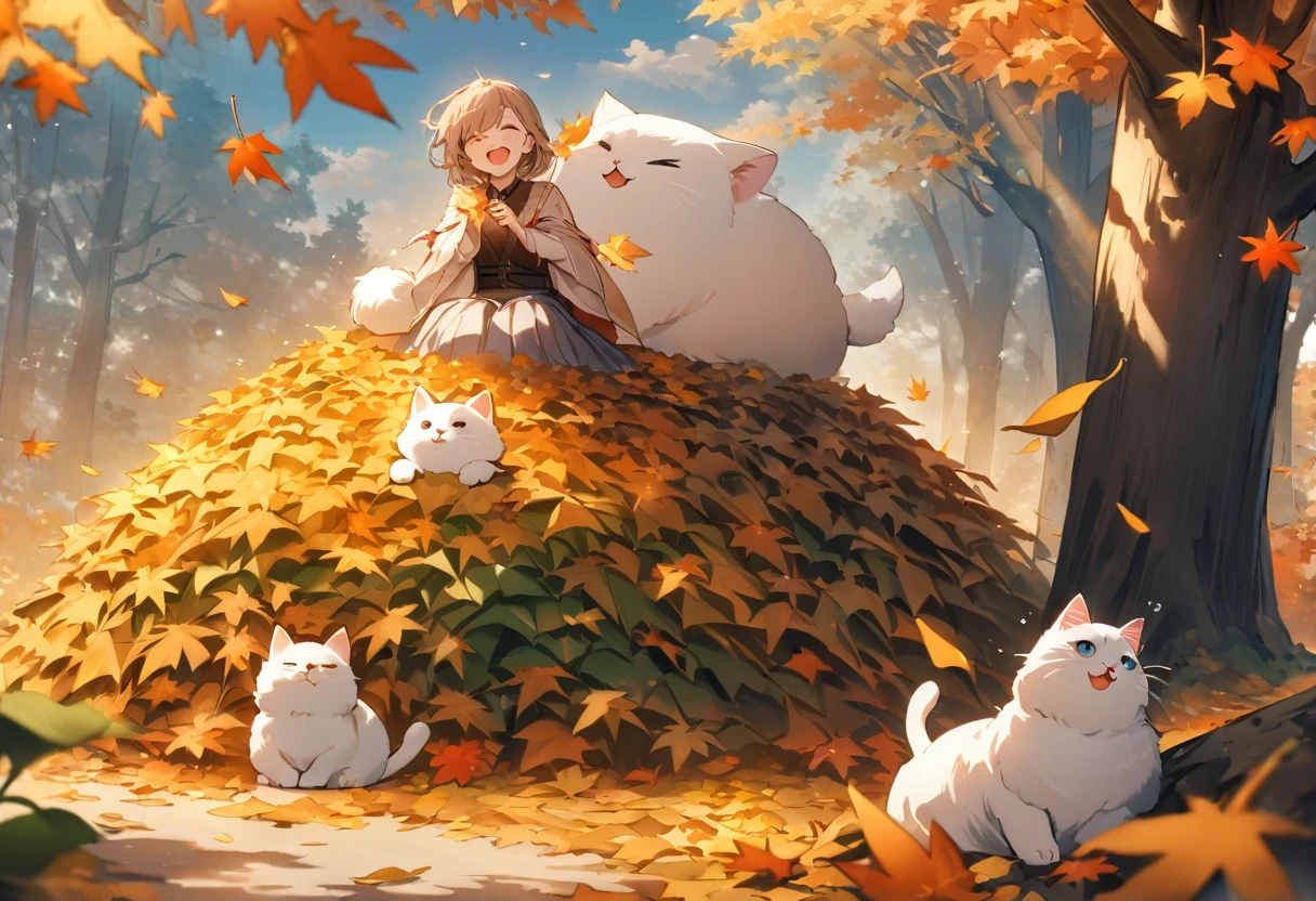 ((Best Quality))、((excellent))、(detailed)、8k、「A woman is raking fallen leaves in the garden、Comical autumn scene with the wind blowing leaves to the ground。The woman laughs and shakes her head in amusement.、Her fluffy cat、Like controlling the wind、Sitting proudly on top of a pile of leaves。The cat&#39;s tail is wagging playfully、The whole scene is saturated with rich autumn colors, from crimson to gold.。」、Conceptual Art、jpeg artifacts、First Person View、Cat close-up、Ultra-high resolution、Anatomically correct、Attention to detail、超detailed