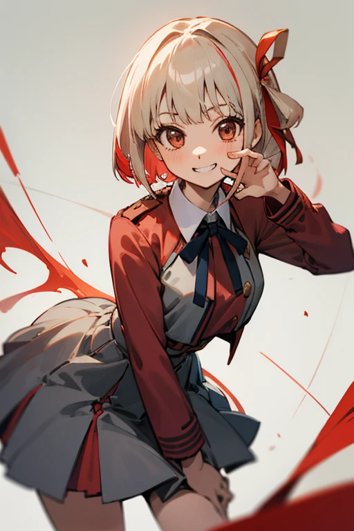 High Quality, Masterpiece, 1girl, nishikigi chisato, bob cut, hair ribbon, lycoris uniform, two-tone dress, red dress, grey dress, neck ribbon, long sleeves, double v, seductive smile, grin, leaning forward, thighight