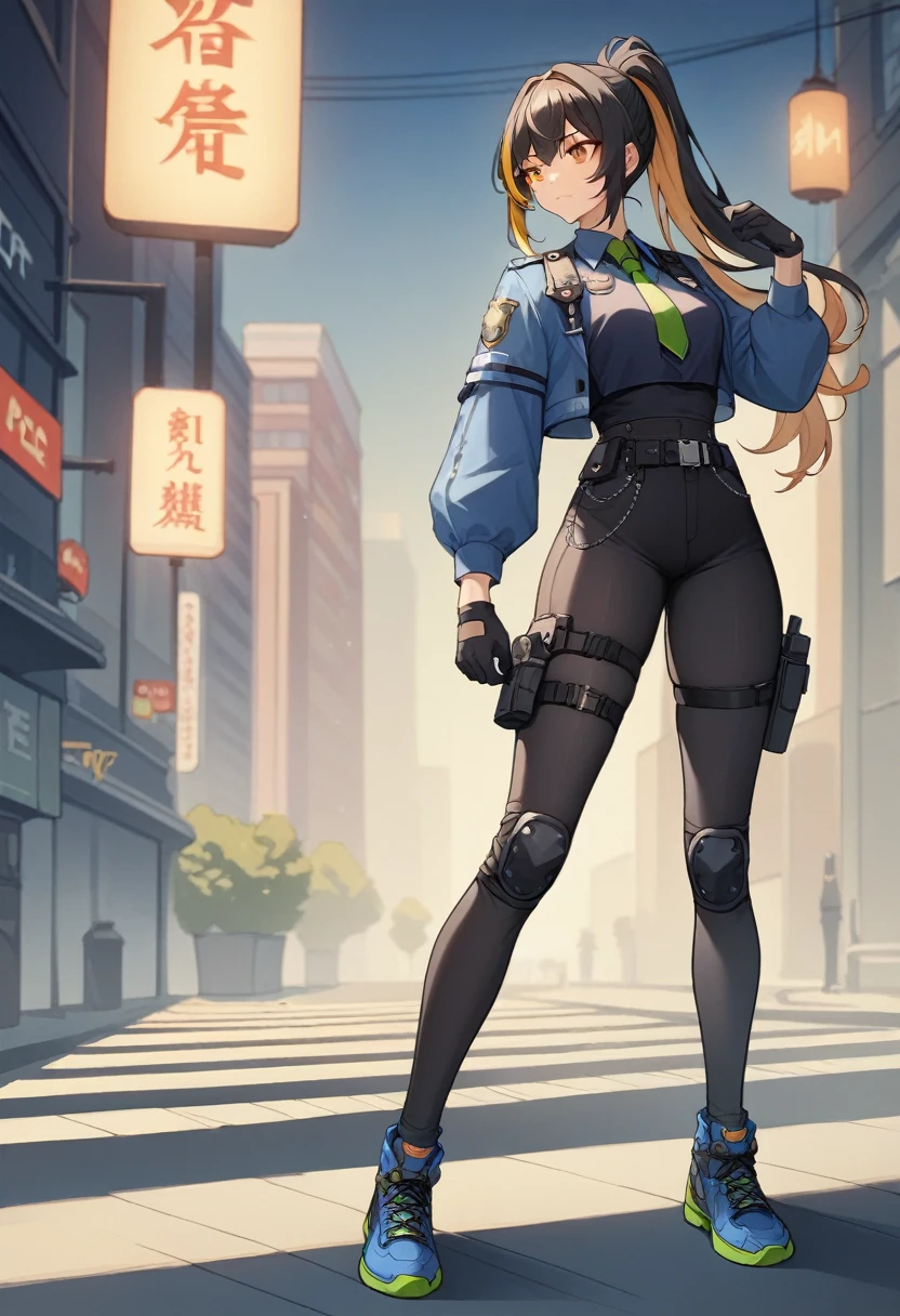 zhu yuan, orange eyes, black hair, long hair, streaked hair, ponytail
sexy, full body, night city background, 
outfit: metal hairband, police uniform, blue jacket, cropped jacket, long sleeves, black vest, two-tone vest, black gloves, green necktie, plaid necktie, black pants, high-waist pants, belt, thigh straps, knee pads, holster, tight pants, blue footwear