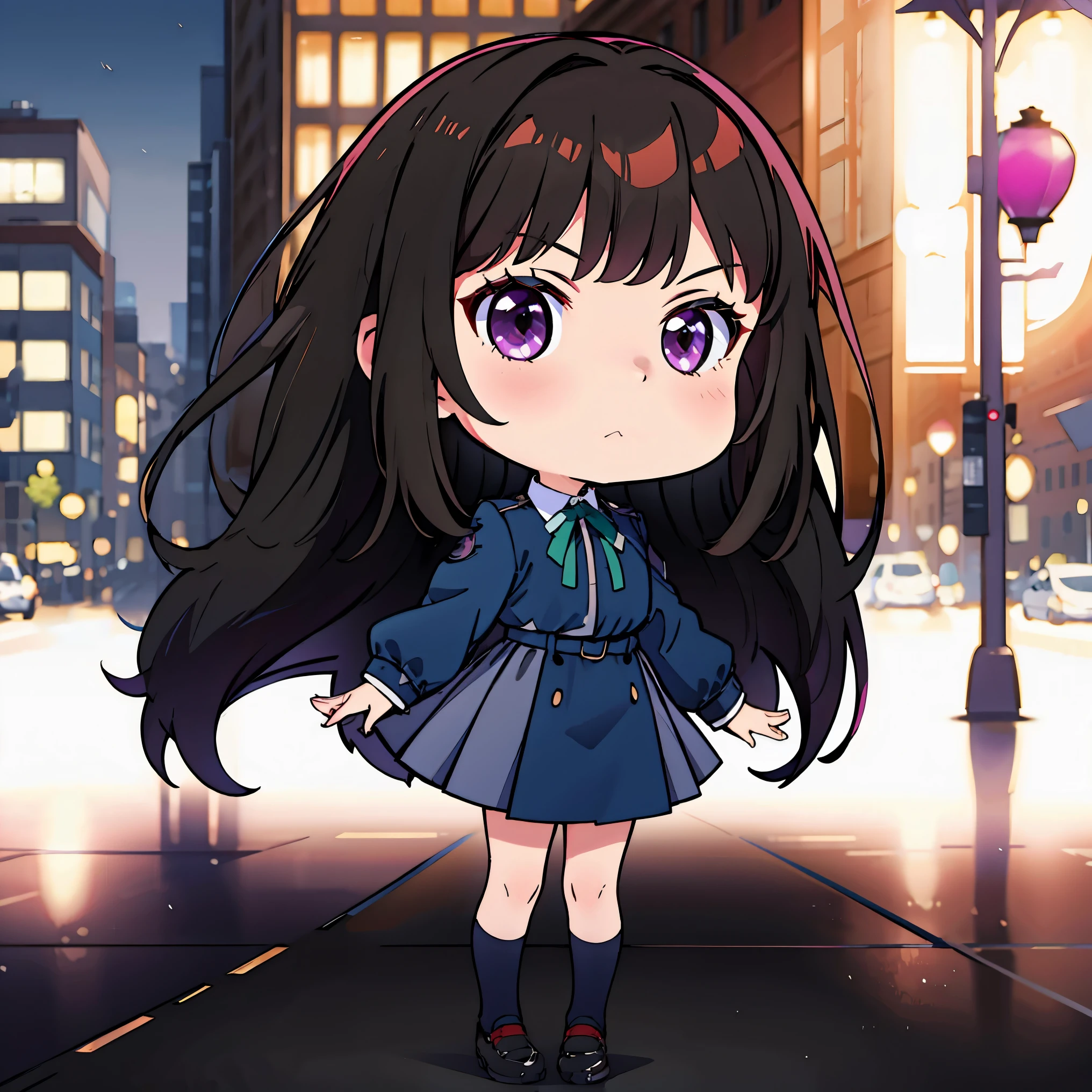 ((masterpiece, best quality, highres)), depth of field, 
BREAK, 1girl, ((chibi)), (chibi style), standing, fullbody shot, Serious expression, 
BREAK, (outdoor, city),   
BREAK, takina inoue, purple eyes, black hair, long hair, 
BREAK, long hair, lycoris uniform, green ribbon, long sleeves, two-tone dress, pleated dress, collared shirt, kneehighs