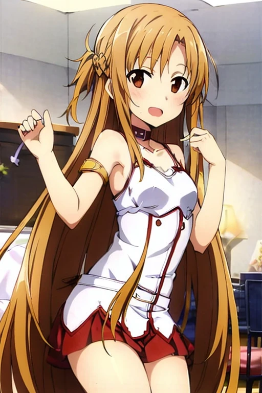 ((Best Quality)), ((masterpiece)), (be familiar with), Perfect Face, indoor, bedroom, Watching the audience,
One woman, Yuuki Asuna,
Open Mouth, Ecstatic expression, blush, smile,
Small breasts, Flat Chest, , , child, Girl,
Long Hair, Long Hair,
Leg spread,