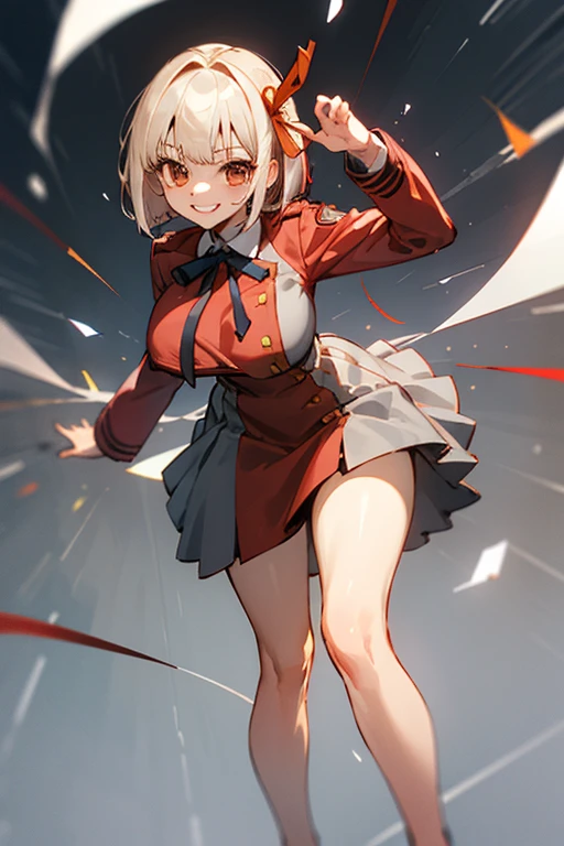 High Quality, Masterpiece, 1girl, nishikigi chisato, bob cut, hair ribbon, lycoris uniform, two-tone dress, huge breast, thick legs, red dress, grey dress, neck ribbon, long sleeves, double v, seductive smile, grin, leaning forward, thighight