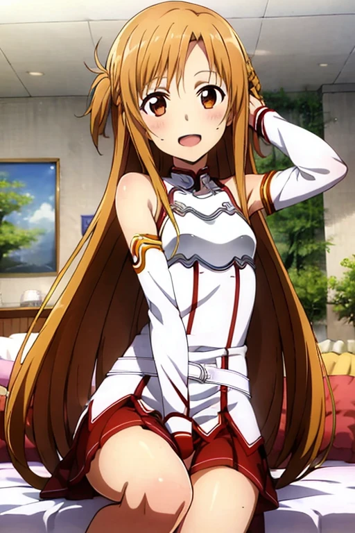 ((Best Quality)), ((masterpiece)), (be familiar with), Perfect Face, indoor, bedroom, Watching the audience,
One woman, Yuuki Asuna,
Open Mouth, Ecstatic expression, blush, smile,
Small breasts, Flat Chest, , , , Girl,
Long Hair, Long Hair,
Leg spread,