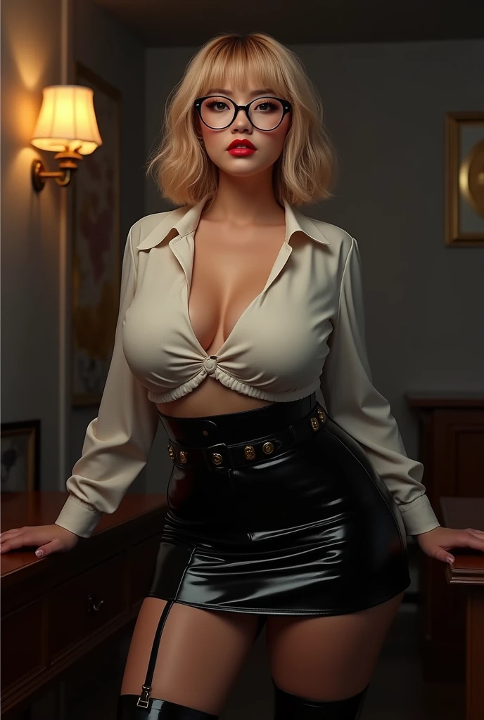 ((Japanese ido)) a blond Shorthair ((A MILF)) eye glass bright red lips heavy make up Purple shirt Black tight skirt Wet and shiny black stockings Whip whip sexy smiling Sitting barefoot on a desk Plenty of sweat ((After-school classroom in hot and humid summer)) Portrait Looking at the camera low angles Soft lighting on the face ((Dressing))