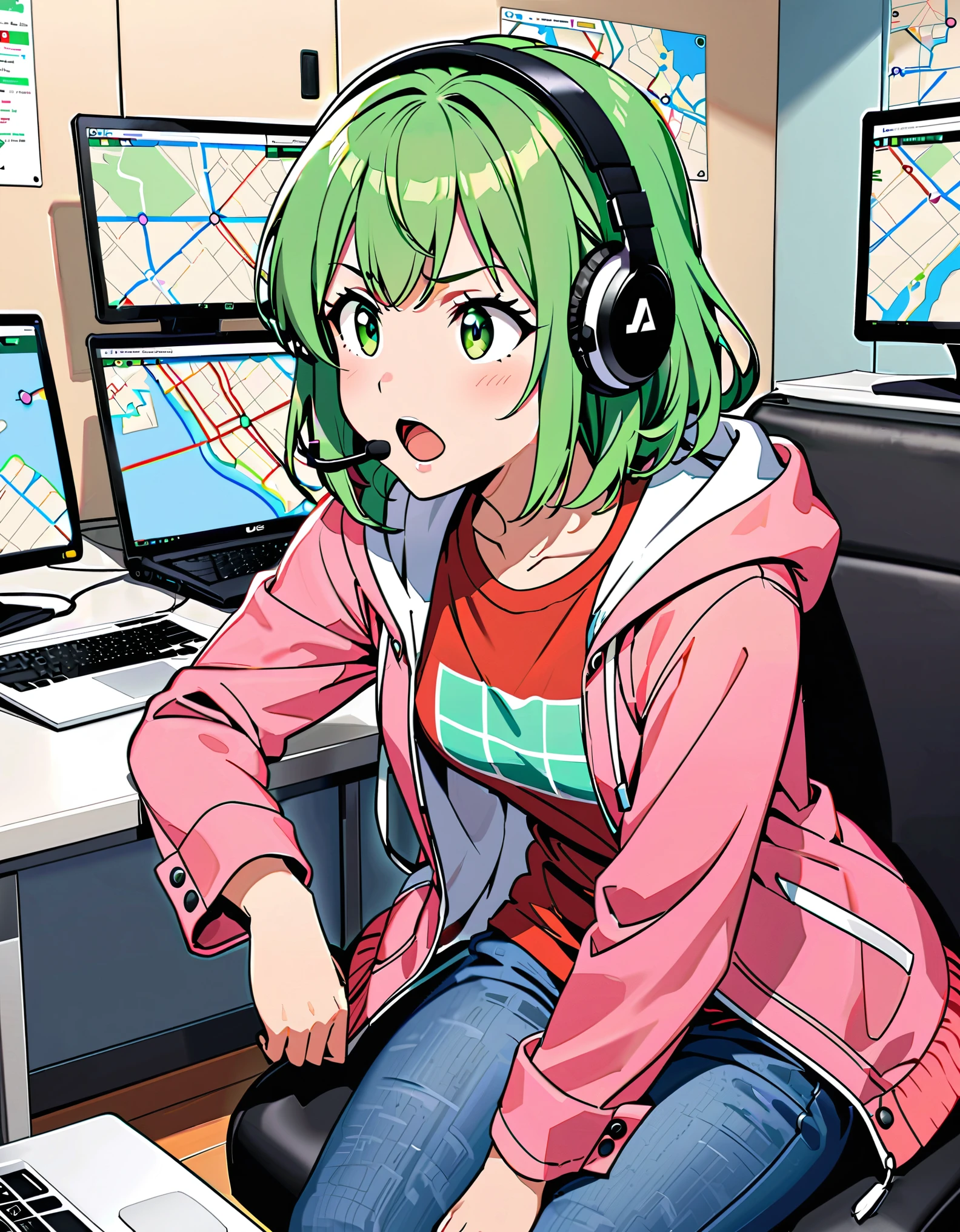 A young woman sitting ina sofa fiddling with her laptop with green hair, a red T-shirt with a pink overcoat, blue jeans, and tennis shoes, her power is technology, white computer room, indoors, monitors displaying Los Angeles map, headset, desk, open mouth, concerned look, cowboy shot.