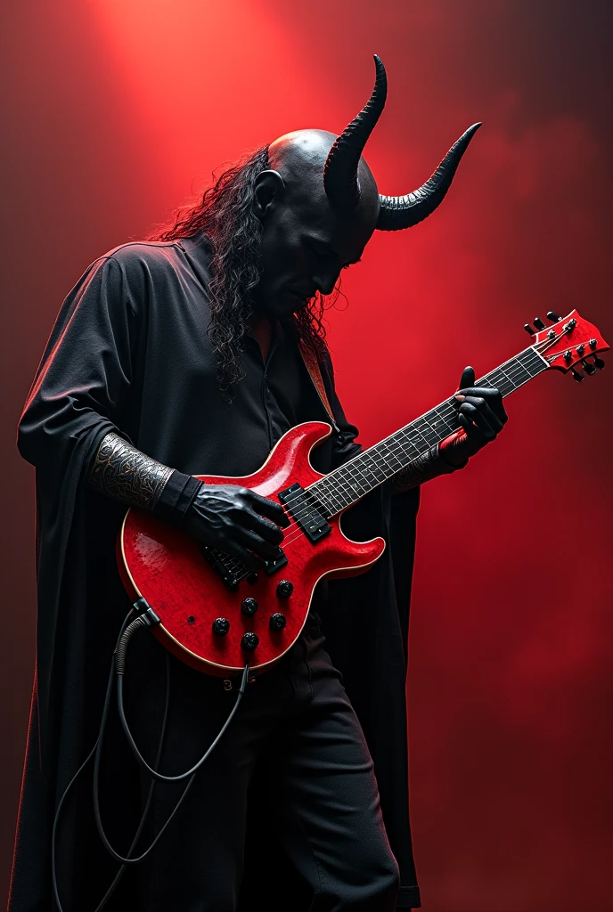 A black and red devil playing a cross shaped guitar 