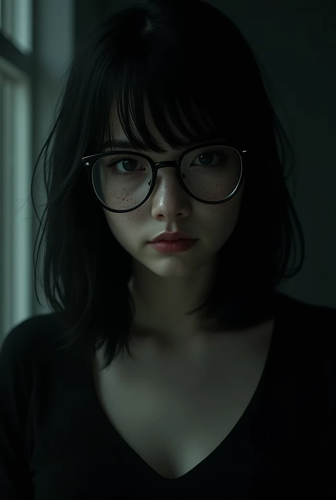 (raw photos, best quality), (realistic, photo-realistic:1.2), 1 girl, High quality, (Highly detailed skin:1.4), Bags under the eyes, glasses, Beautiful hair, (dark room:1.3), (By the light:1.3), (The light is dim.:1.3), (dark night:1.3), In the building, Portrait, black hair, dark background, short hair, Lace bra