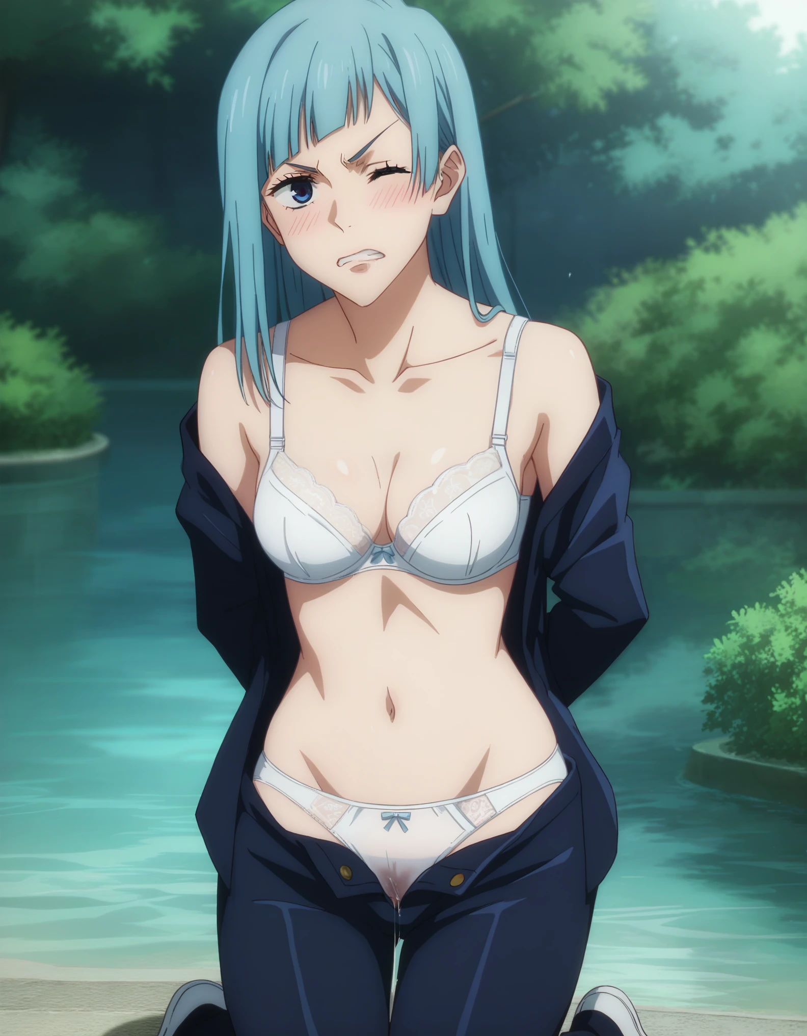 score_9, score_8_up, score_7_up, sauce_anime, ambient light,
jujutsu_kaisen_style, kasumi miwa,, ,1girl ,tall girl,, blue hair, long hair, blue eyes, wince, frown, close up face:0.2,
nsfw, (show off panties),, undress open dress shirt, hands behind backs, undress pants, in lace white panties, pussy juice,
outdoors,, realistic outdoor, (kneeling), , steam, 
cowboy shot,, looking at viewer, solo, dutch angle, blush,, lace white bra , clenched teeth, saliva, drooling moanin, medium breast,