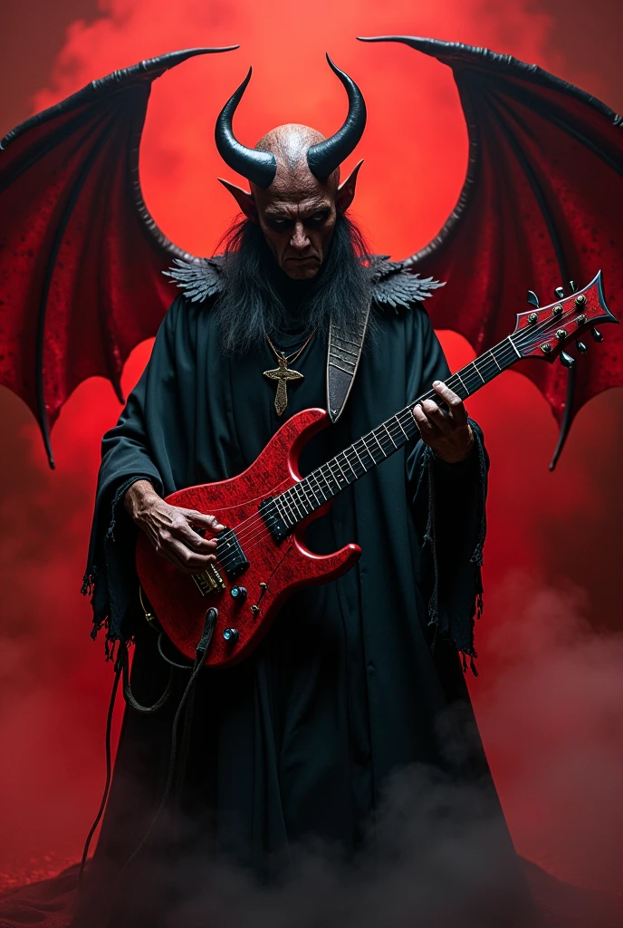 A black and red devil playing a cross shaped guitar