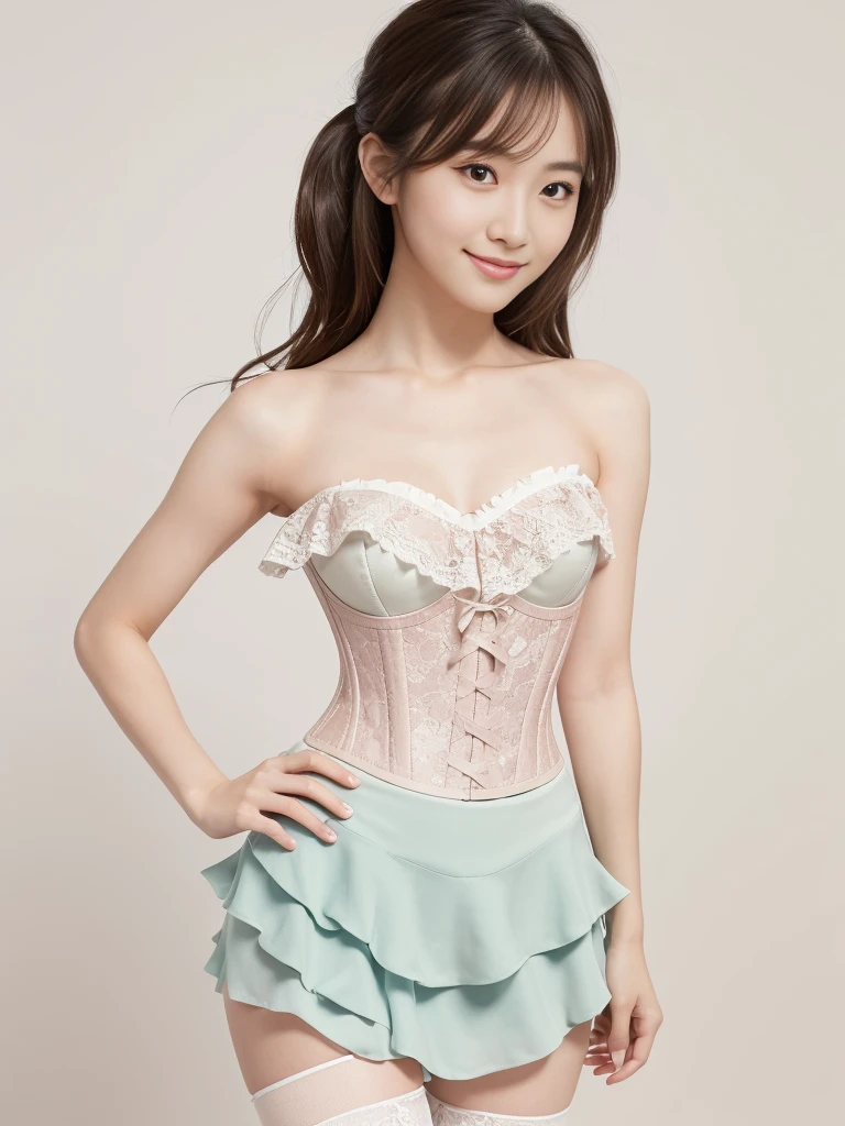 Cowboy Shot, 
break, 
((Bare shoulder corset:1.2)), ((Layered skirt in pastel colors with frills:1.2)), ((Lace socks:1.2)), 
break, 
View your viewers, Japanese female university student, (One Woman:1.2), She is very beautiful, Glowing Skin, Perfect Face, Cute and symmetrical face, 
break, 
Light Brown Hair, Medium Hair, Wavy Hair, Hair tied up, Makeup, 
break, 
(Blank background:1.6), Standing, (Cute smile), (8k, RAW Photos, Best Quality, masterpiece:1.2), (Realistic, Photorealistic:1.4), Very detailed, Shallow depth of field, Beautiful Hair, Beautiful Face, Beautiful attention to detail, Realistic skin texture, Beautiful fingers, Perfect Anatomy, Perfect legs, Perfect hands, Perfect Eyes, Perfect body, smile, Double eyelids, (Natural Side Lighting, Cinema Lighting), 