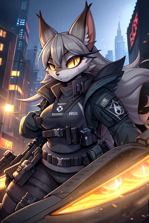 anthro furry lynx, chubby,((anarchist)) (rides a tank), absurdity, High resolution, ultra detailed, 1 girl,oversized jacket with ,whole body, original character,girl,gray hair,yellow eyes,shoulder length hair, complex black mask, {Best quality}}, {{masterpiece}}, {{ultra detailed}}, {illustration}, {detailed light}, Nuclear fusion