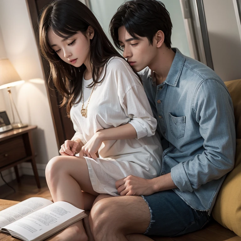 romantic couple, (romantic hug), an Indonesian age girl, wearing a dark green teacher uniform, mini skirt. (sit on his lap). with a man wearing a red hoodie. white luxury interior.
