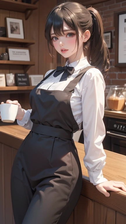((Patisserie))、(Cake shop)、masterpiece, highest quality, High resolution, 1 girl, alone, big breasts、beret, skirt with suspenders, black hair、bowl cut hair、((clerk)), (((collared shirt)))、looking at the viewer, from below, Looking down on the viewer, skirt lift, looking at camera, from belowのアングル,, beautiful skin, light shines on your face, highly detailed face, highly detailed lips, vagina,((delicate pictures)),(Detailed RAW photos of girls), (muste piece:1.25), (best quality:1.6), (超High resolution:1.5), (It's photorealistic:1.75), 8K resolution,:1.6), Canon EOS R5, 50mm, disorganized, Super detailed,cinematic lighting、spread legs、(Cute pattern printed panties)、(high socks)、accessories、