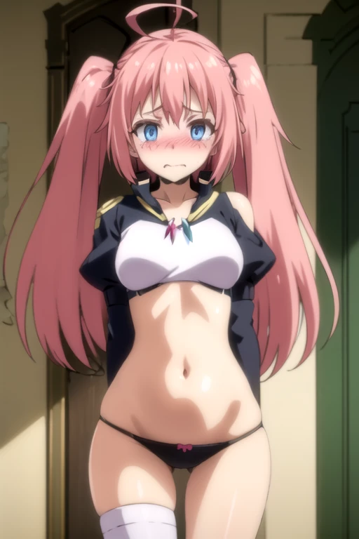 best quality, (girl, pink hair, long hair, twintails, blue eyes, shining eyes, ahoge), (white crop top, black sleeves, black panties), (one thighhigh, one garter:1.1), embarrassed, navel, (embarrassed, blush:1.4), arms behind back