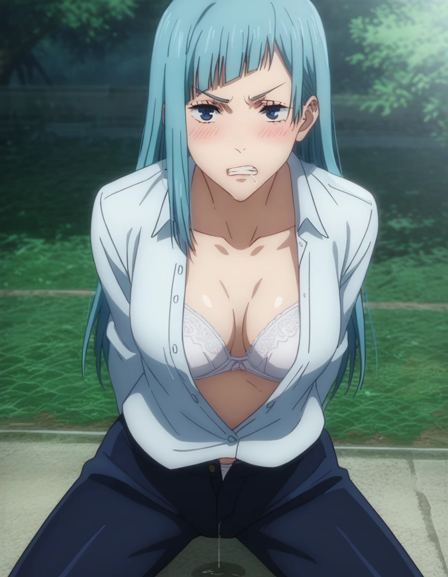 score_9, score_8_up, score_7_up, sauce_anime, ambient light,
jujutsu_kaisen_style, kasumi miwa,, ,1girl ,tall girl,, blue hair, long hair, blue eyes, wince, frown, close up face:0.2,
nsfw, (show off panties),, undress open dress shirt, hands behind backs, undress pants, in lace white panties, pussy juice, saliva,
outdoors,, realistic outdoor, (kneeling), , steam, 
cowboy shot,, looking at viewer, solo, dutch angle, blush,, lace white bra , clenched teeth, saliva, drooling moanin, medium breast,