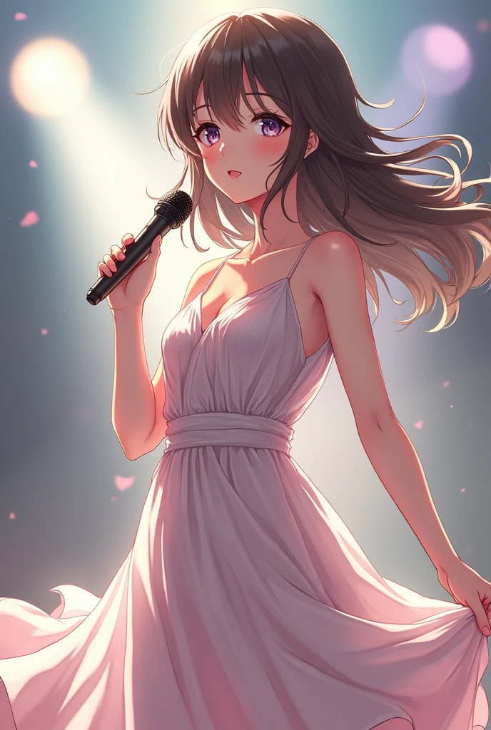 Beautiful Japanese 2 girl、V-neck sleeveless dress、high resolution、High resolution、Realistic、Realistic skin texture、Photographed by a professional photographer、Stage Photos、Singing in front of fans at the stadium、looking at the camera、Looking at me and smiling
