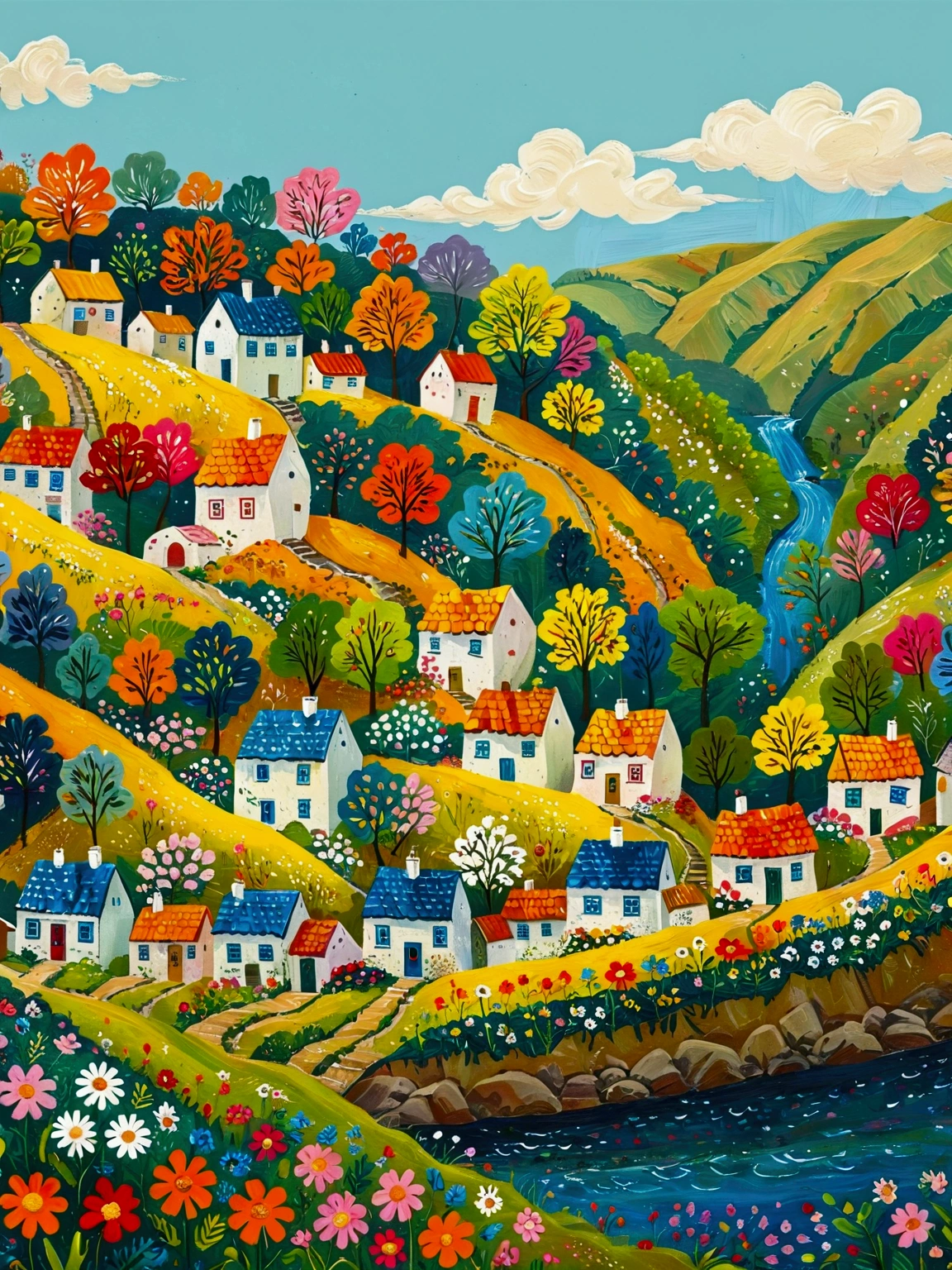 a painting of a village with a river and houses on a hill, a storybook illustration by Bohumil Kubista, featured on behance, naive art, colorful illustration, cottage town, colorfull illustration, colorful kids book illustration, editorial illustration colorful, countryside city scene, landscape illustration, vibrant gouache painting scenery, village in the woods