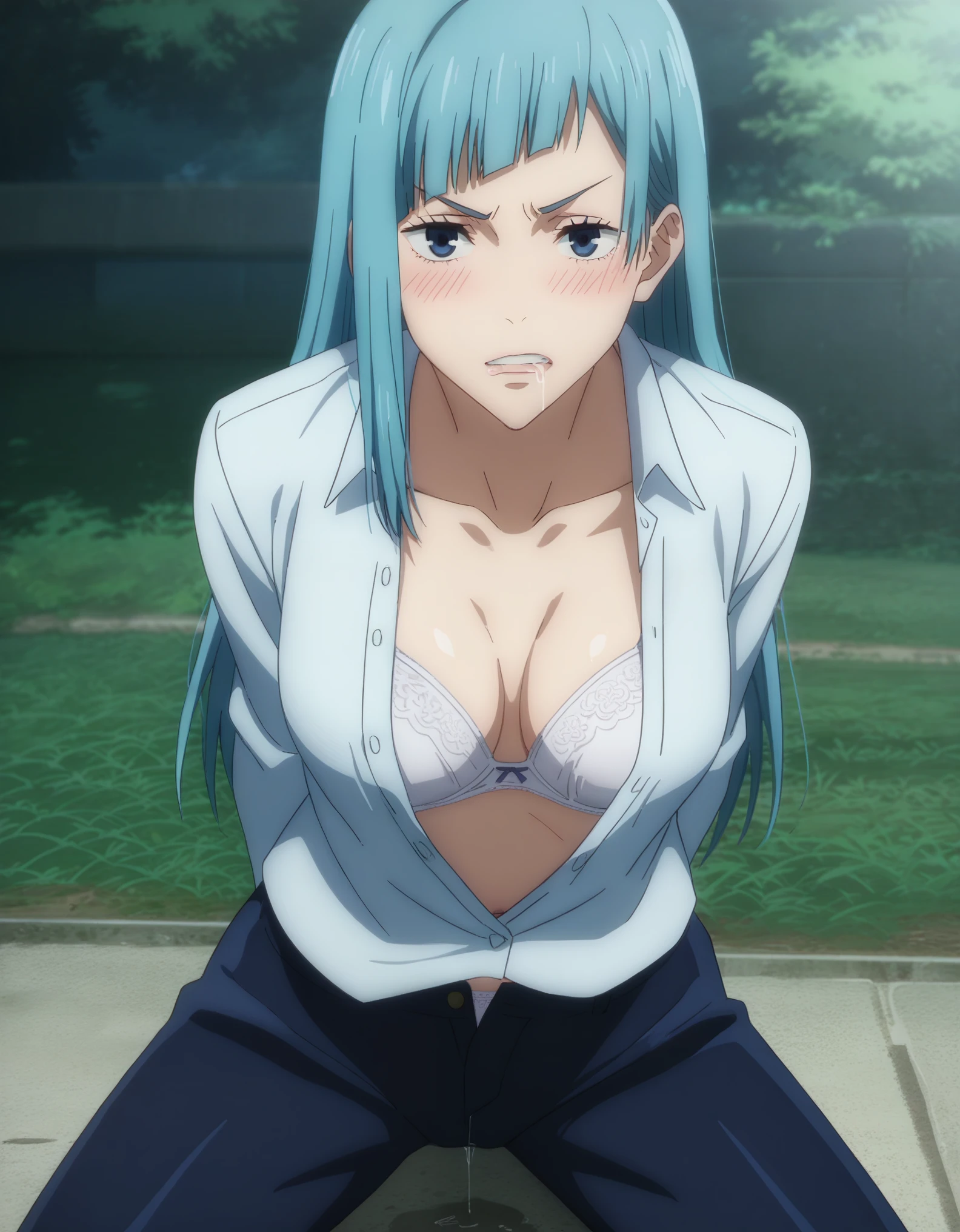 score_9, score_8_up, score_7_up, sauce_anime, ambient light,
jujutsu_kaisen_style, kasumi miwa,, ,1girl ,tall girl,, blue hair, long hair, blue eyes, wince, frown, close up face:0.2,
nsfw, (show off panties),, undress open dress shirt, hands behind backs, undress pants, in lace white panties, pussy juice, saliva,
outdoors,, realistic outdoor, (kneeling), , steam, 
cowboy shot,, looking at viewer, solo, dutch angle, blush,, lace white bra , clenched teeth, saliva, drooling moanin, medium breast,