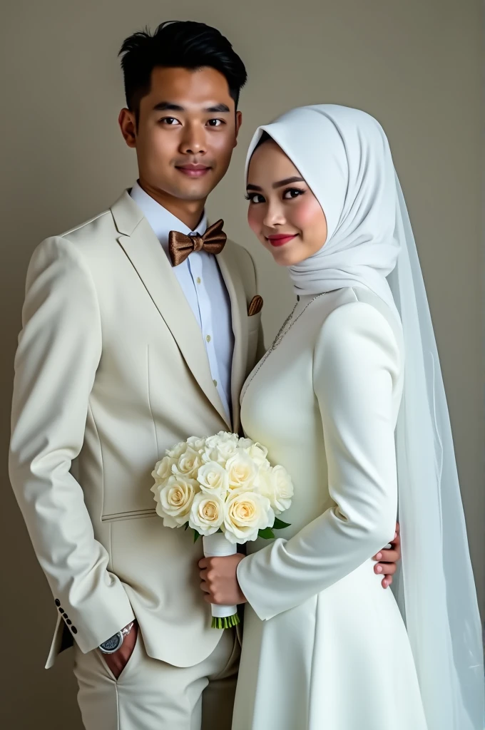 Realistic of filipino muslim couple wedding and wearing a wedding ,hijab costume the background is dessert and tree.