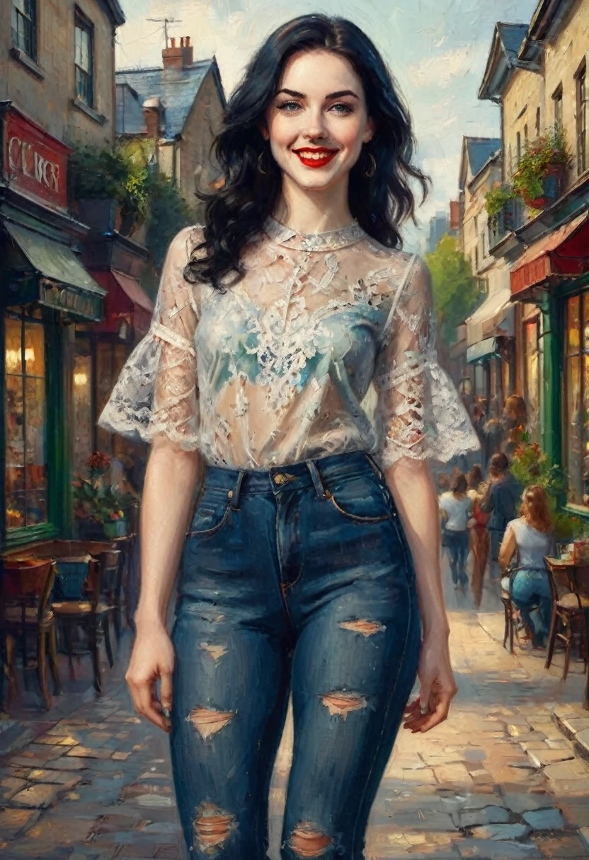 (full body:1.4).  Beautiful 24 yo woman of Irish descent. athletic figure,(pale:1.4)complexion. raven black hair, green eyes, cute butt, nice legs. Kind eyes,(joy:1.3),(smile:1.2). Red lipstick, sheer lace top, skinny jeans, sandals. Flirty.