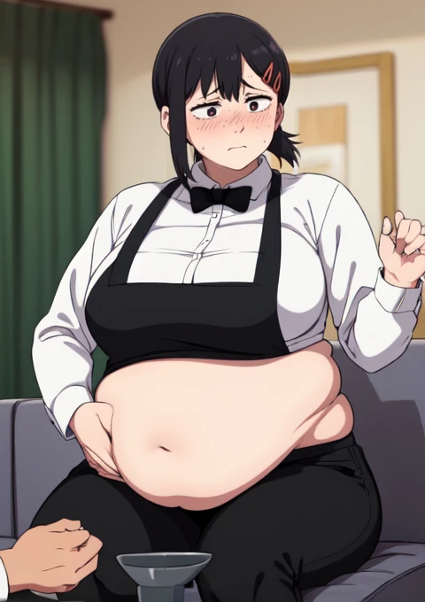 (masterpiece, best quality), 1girls, big belly, blurry background, huge belly, art by kipteitei, round belly, chubby, curvy, short hair, hair pin, black hair, kobeni, black pants, in a living room , gradient_background, belly bursting out of white button down shirt,(((black apron, wearing black bow tie, white button up shirt, black suit pants, her pants have holes in them))), long sleeves, wearing a black bow tie, enormous belly, fat belly, thicc, bigger belly, really big belly, jiggly belly, giant huge belly, big enormous belly, ((((gigantic belly)))), bloated belly, fat belly, ginormous big belly, expanding big belly, sfw, safe for work, sitting on a sofa, sfw (safe for work), kobeni, (((she has an expression of embarrassment, she is nervous))), sweating, blushing, ((she is grabbing her belly)), exposed midriff 