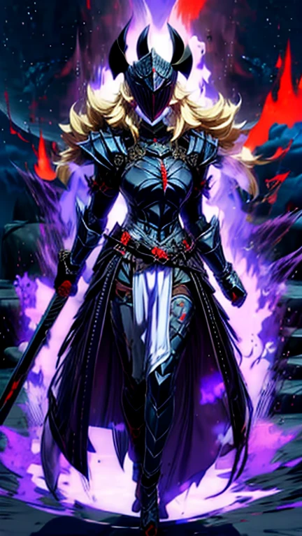 Blonde girl with red glowing eyes, lighting,serious expression, female knight armor ,hair flowing in the wind , wearing knight helmet , raising right eyebrow, lip filler, six pack abs, badass , holding a sword, medivel castle , full body shot, 1sword,lighting, badass walk towards camera, night, leaking purple ki  around her , evil smirk, knight around her 