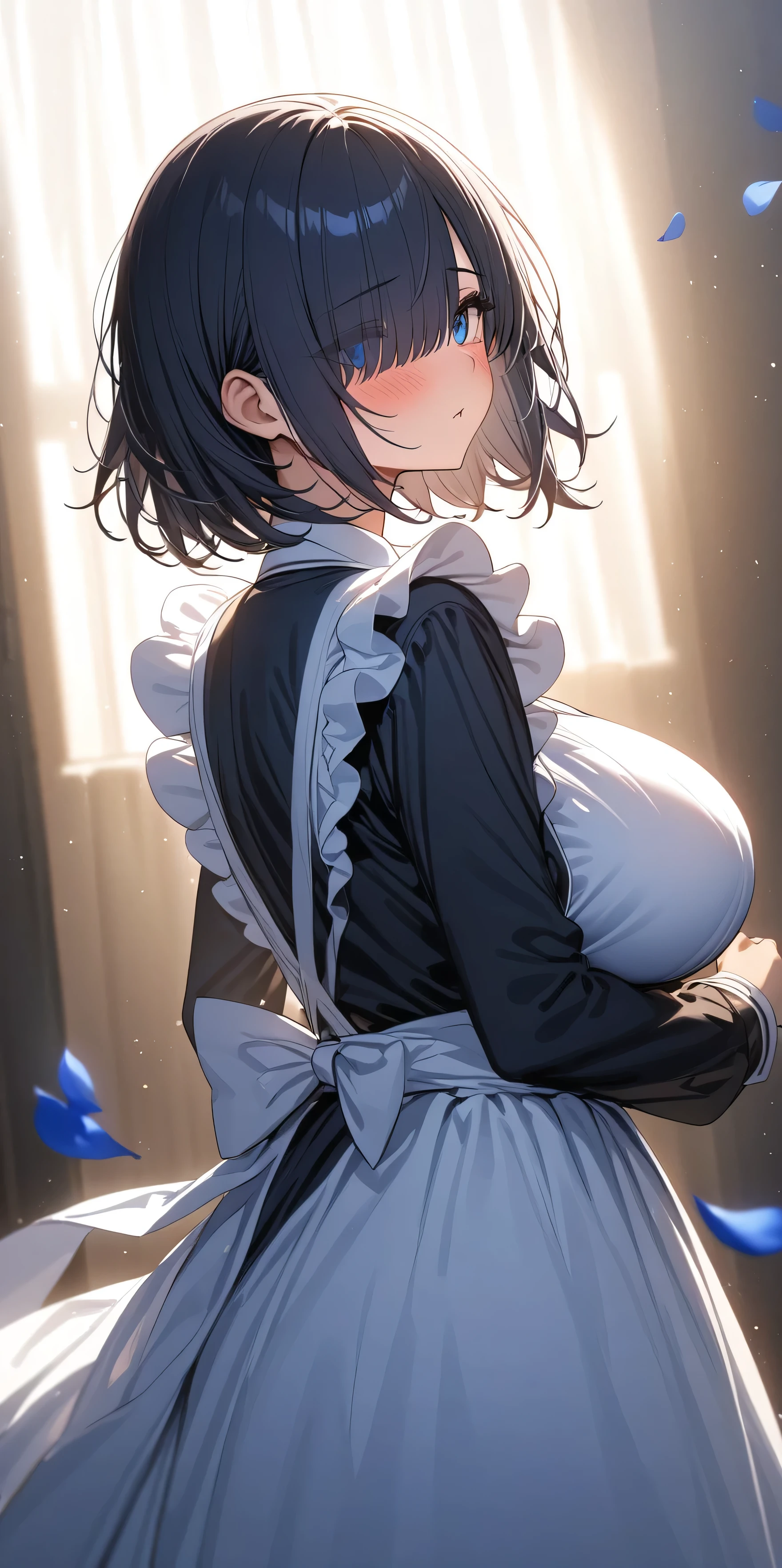 (masterpiece, Highest quality:1.2), 1girl, Black medium hair, (maid dress), growing light, ((blue eyes)), ((big breast)), light particles, long bangs, bangs, high detail, glowing light, bloom, standing, ((hair over eyes)), eyes visible through hair, back light, natural light, blush, mature, long sleeves, white background, blue petals