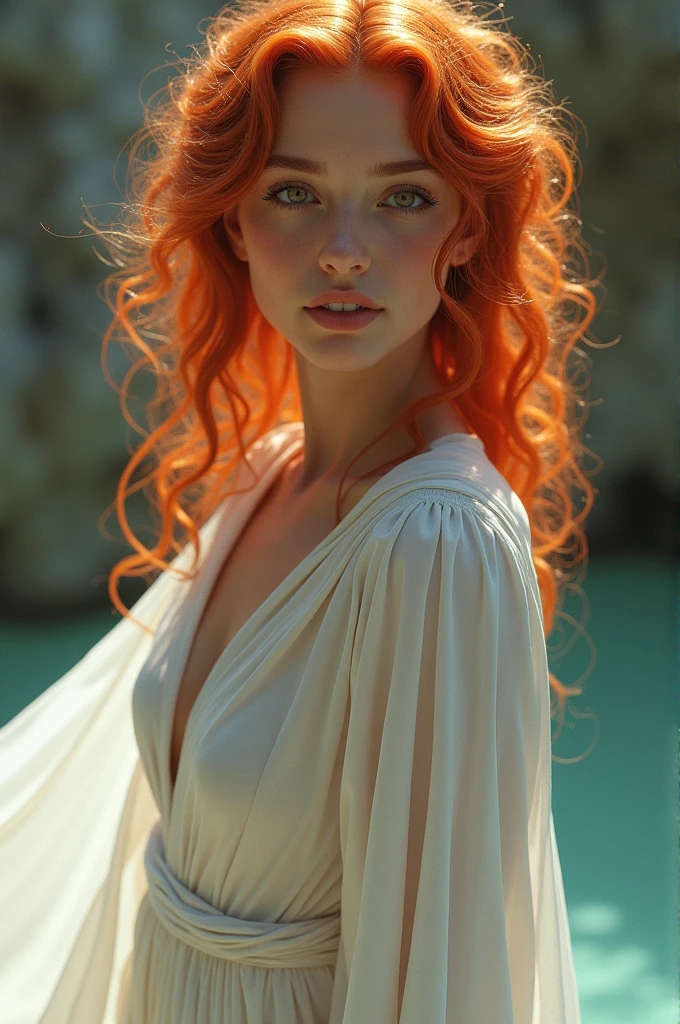 a photograph of a redhead woman with windswept tresses, her hair entangled like flames against a twilight sky, wearing a Moroccan colorful kaftan, emanating untamed beauty