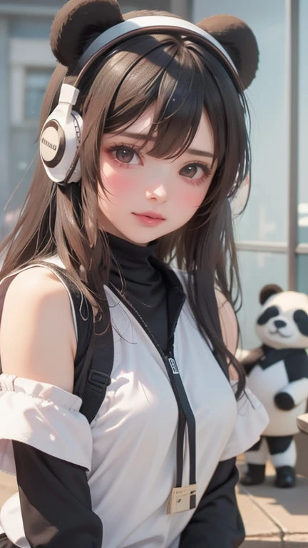Black medium long hair with black rabbit ears and black eyes, A beautiful robot girl in a blue T-shirt with a floral scarf around her neck is looking at the computer and is sitting by the window in a big building.