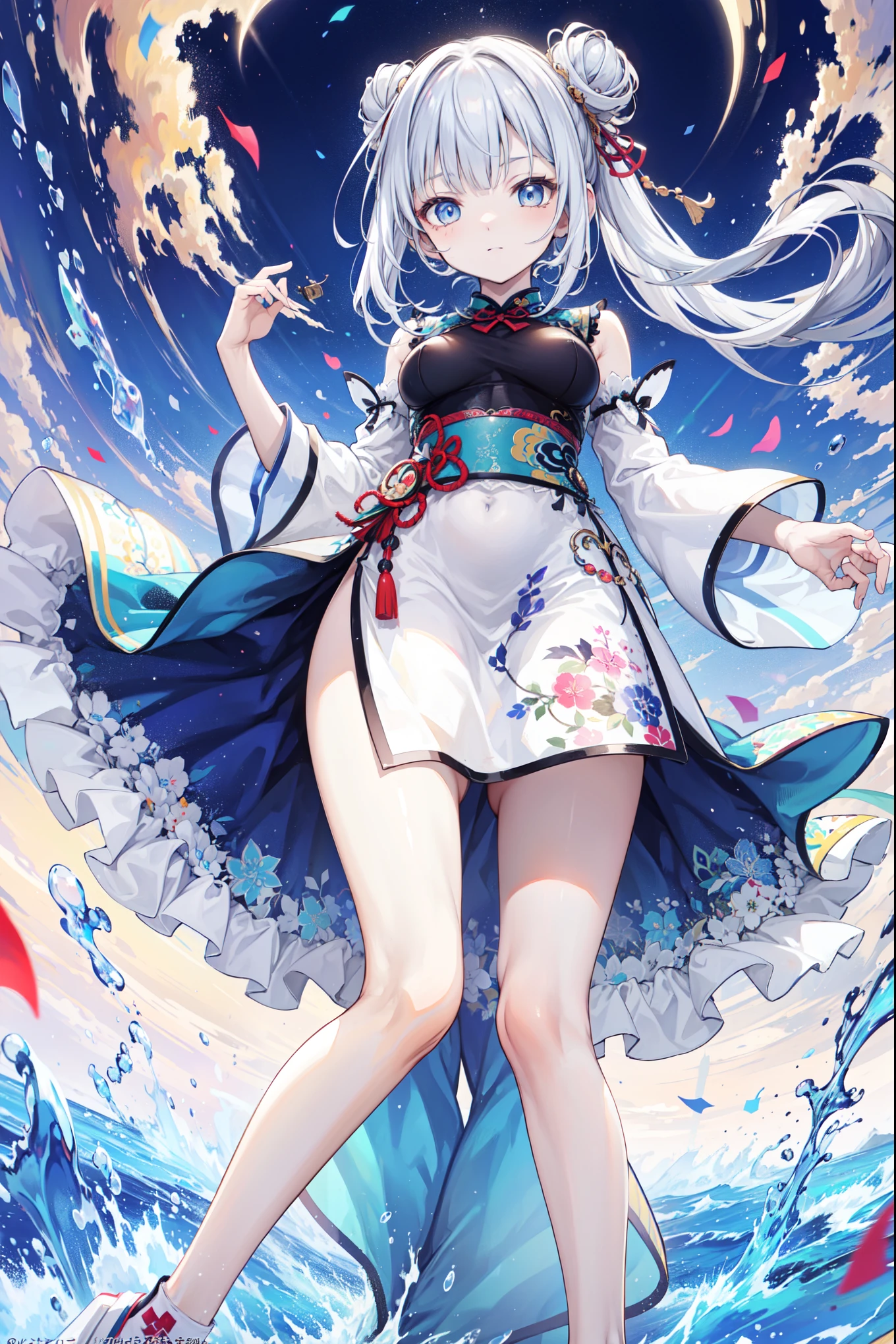 (((the best质量, high resolution, masterpiece, masterpiece, the best, high resolution))). A girl, solitary. (((I am a beautiful person, Cute girl with delicate white and silver hair, Short stature, slim, and anime faces))). She was a young girl, About ten years old, Gorgeous white skin and medium-length hair,Tie it into a big bun. She has depth, Shining blue eyes,tilt. There was no expression on her face.. She has a medically correct body and youthful breasts. Her limbs are slender, Have the medically correct number of limbs and fingers. Her clothes were white,very short ((cheongsam)), Translucent and transparent, With a blue ivy pattern. Her clothes fluttered in the wind as she posed. Her background is a simple starry sky.