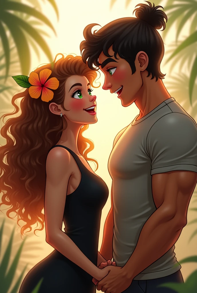 She has long curly hair, bright olive skin and striking, light yellow eyes., curvy body and full lips.
He has short light brown hair, a sculpted jaw, a tattooed body and striking green eyes. He is so handsome that he looks like the actor who played Clark Kent but younger..
They are facing each other, she has her arms crossed and he has a mocking smile.. animated cartoon.