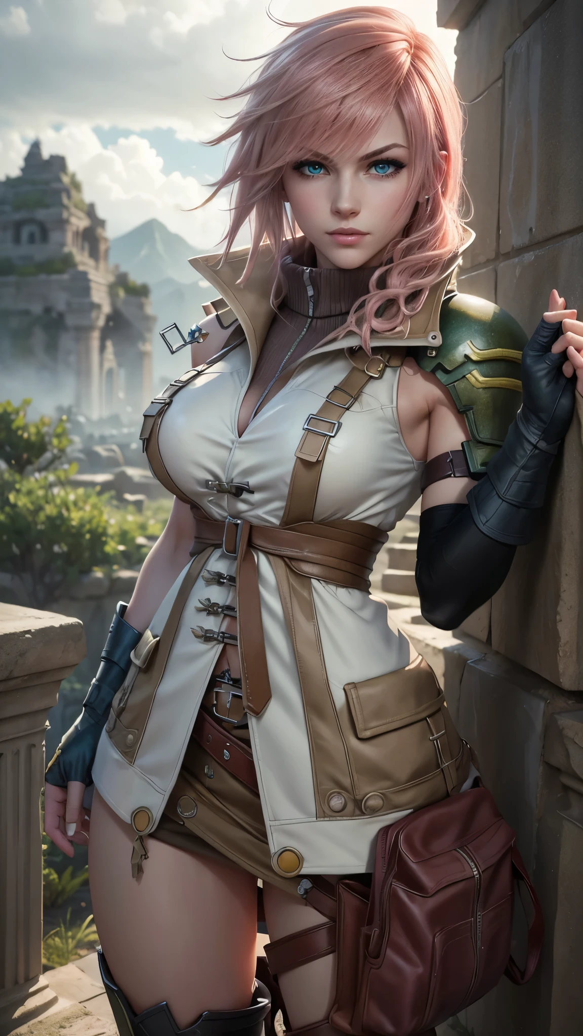 Lightning farron da Final Fantasy,(best qualityer,4K,8k,high resolution,work of art:1.2)(weather: cloudy), Mount Olympus background, temple in the sky, wide hips, short curly hair, pink hair, sleeveless raincoat, tight skirt, thigh high boots, light makeup, combat pose, long scarf, fingerless gloves, harness, thigh bag, ultra detailed,portrait,realistic,beautiful detailed green eyes, beautiful detailed lips,extremely detailed eye and face, long eyelashes,average, large breasts,flying hair,beaming smile, sexy smile,powerful girl in combat, bright coloured, dramatic lighting,