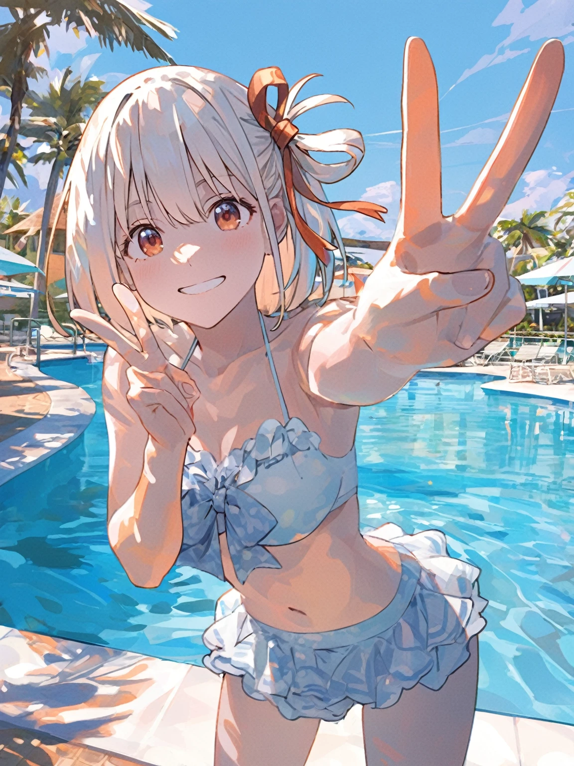 Peace sign pose, Wearing a bright blue ruffled bikini with confidence, Hair tied with ribbon, In the background you can see palm trees and blue sky.、There is a vibrant outdoor pool, Well lit from above, Creates a playful and cheerful summer atmosphere, Slightly overexposed to emphasize brightness.