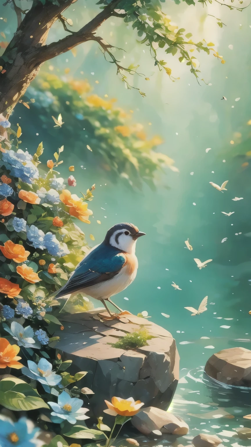 CNWGT style, No humans, bird, flower, traditional media, rock, blue flower, water, Tree, leaf, outdoor, plant, Animal Focus