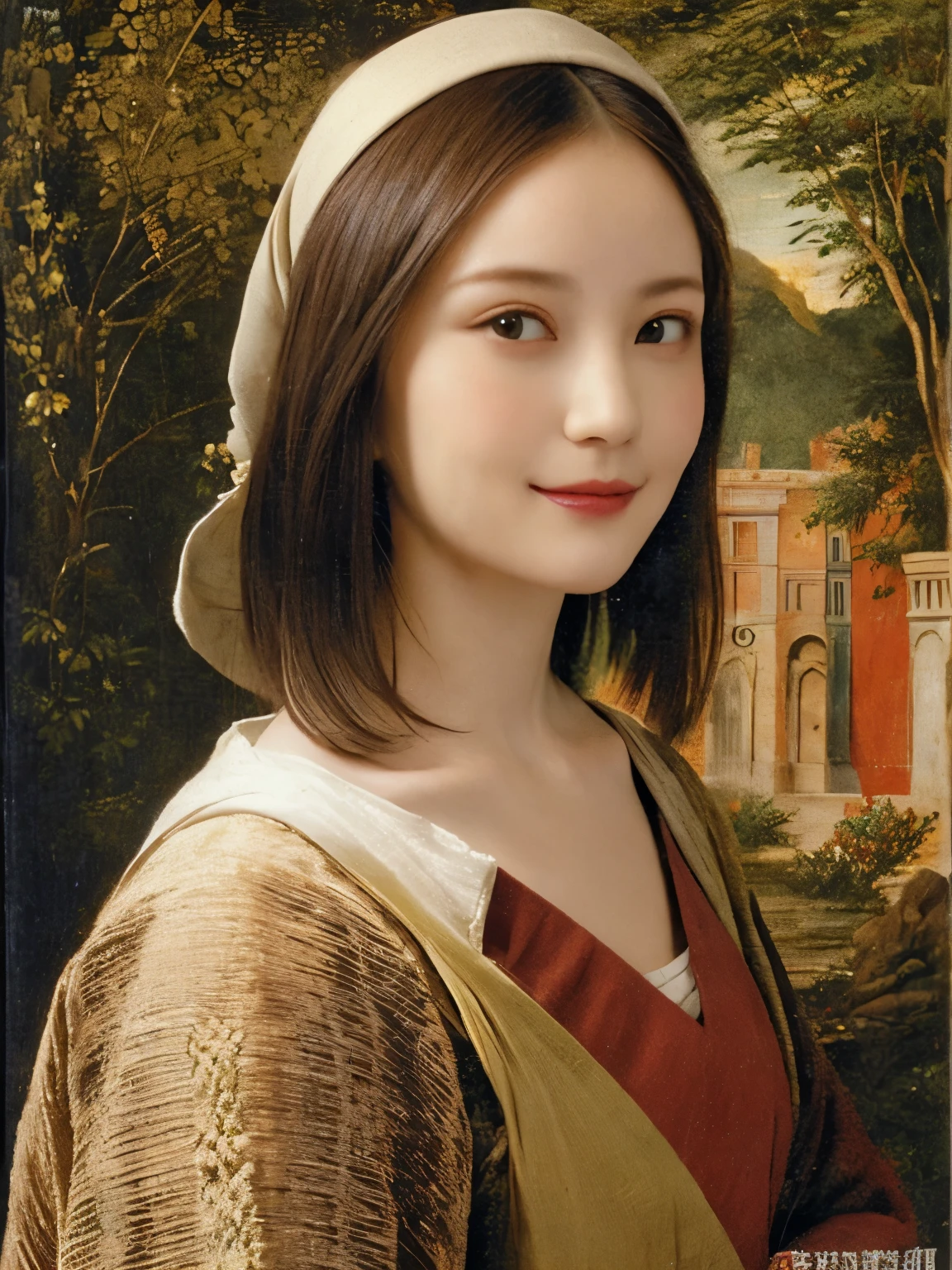 290 (20-year-old woman,Short Hair) , (A kind smile) , (palace), (colorful), (Leonardo da Vinci paintings), flower, Mechanical Engineering Background