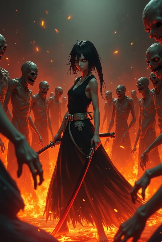 Rukia from Bleach, flames and a horde of zombies behind - SeaArt AI