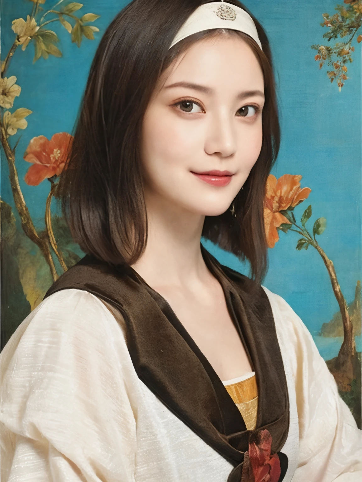 290 (20-year-old woman,Short Hair) , (A kind smile) , (palace), (colorful), (Leonardo da Vinci paintings), flower, Mechanical Engineering Background