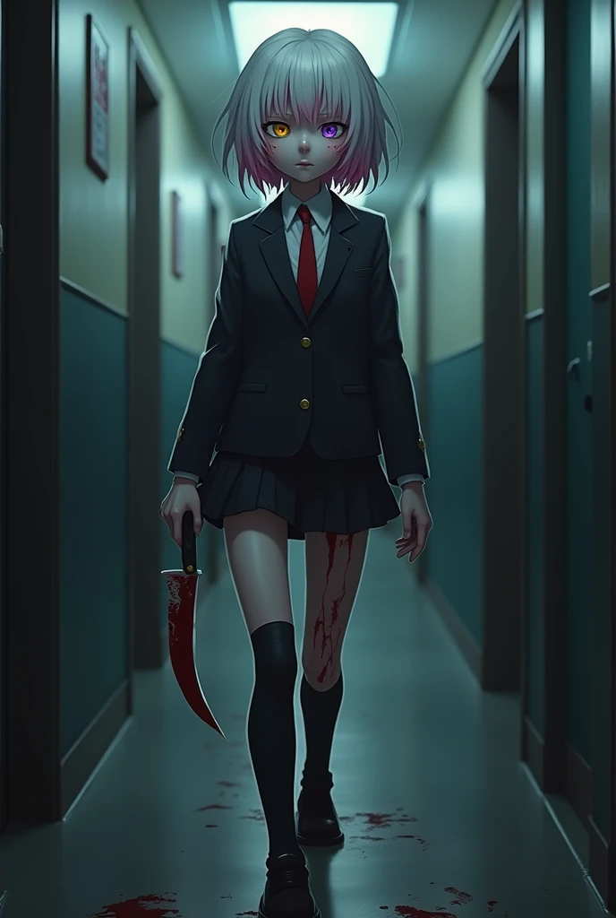 Young woman, pink hair, Blue , blood, blood на лице, blood на одежде, blood spatter, shock, fear, emotion horror, fear на лице, school corridor background, Horrible atmosphere
