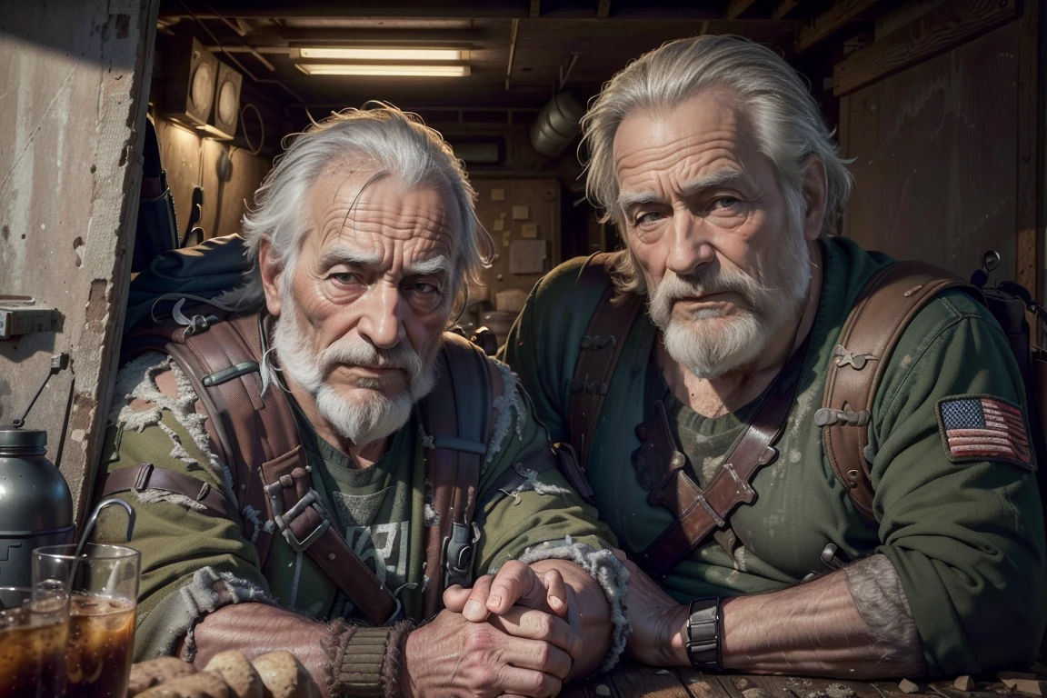 OLD MAN,(best quality,4k,8k,highres,masterpiece:1.2),ultra-detailed,(realistic,photorealistic,photo-realistic:1.37),smile, post-apocalypse, ruined city, soft lighting,Man,40s,gray beard, tactical trail clothing, backpack, woods, site in table in tunnel background, full body view
