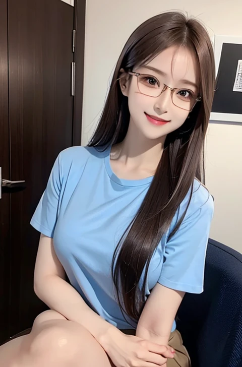 (Best quality, masterpiece, detailed), (RAW, 4k, hd images), shy, 1 girl, 17 years old, white skin, long hair, ponytail, layers hair, bangs, black hair, beautiful girl, cute girl, sweet girl, pretty girl, perfect girl, pretty eyes, blue eyes, thin lips, thin, eye line, perfect round breast, glasses(detailed frame), simple background, smile, waist, hips, tshirt clothes, random angle capture, half body, side breast