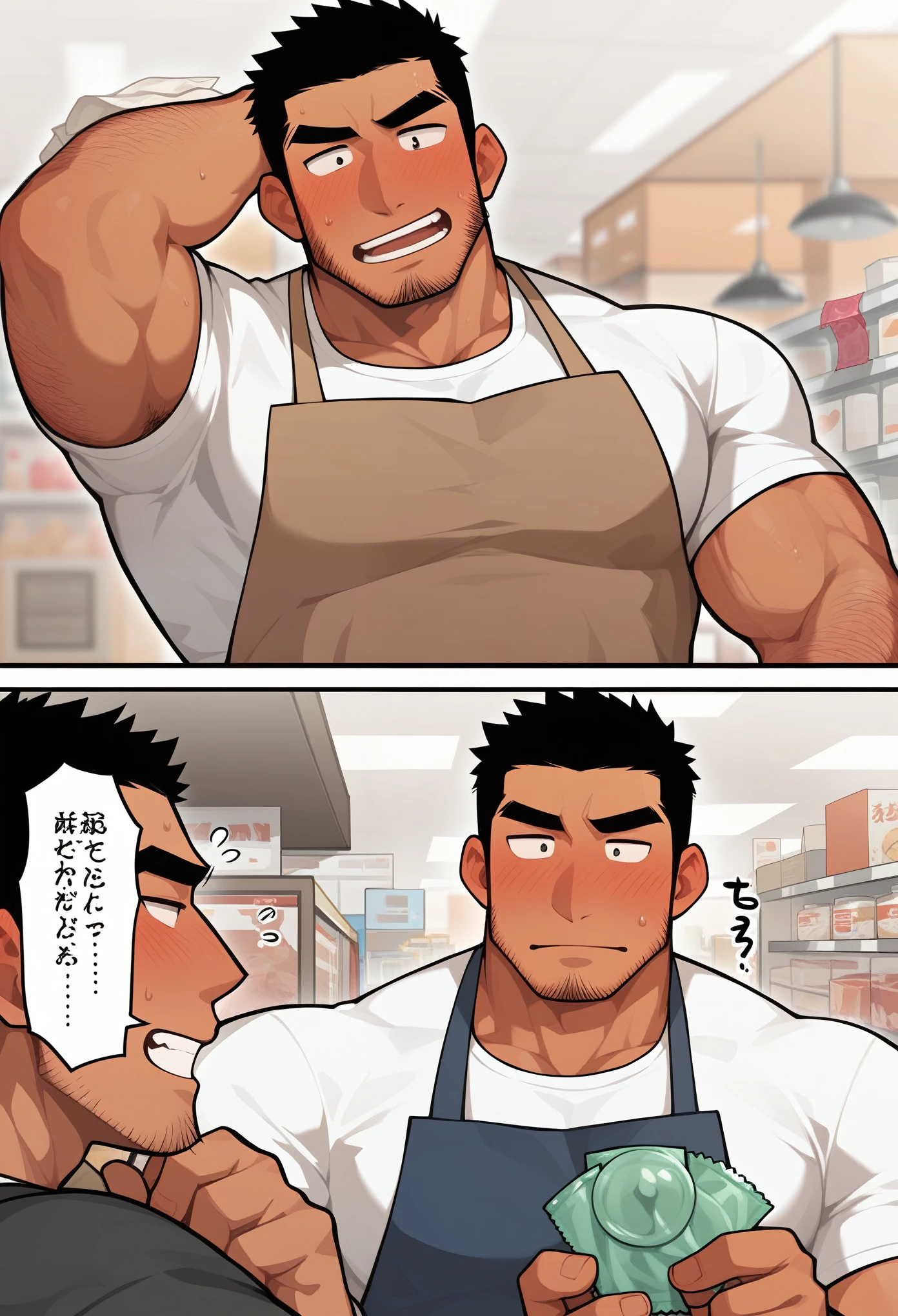 Please draw a two-panel comic.
In the first panel, a high school boy is holding a condom in an adult goods shop and asking the sales clerk to show him how to put it on. The high school student has short black hair, is a little hairy, is wearing his high school uniform, is blushing and has an embarrassed expression.
In the second panel, the sales clerk is holding a condom in his hand and has a blushing and embarrassed expression. The shop assistant is a Japanese man in his 30s with short hair, a slightly hairy, muscular build, wearing a T-shirt and apron on his upper body.