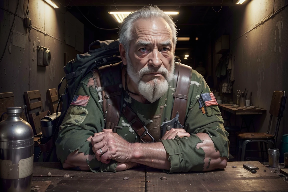 OLD MAN,(best quality,4k,8k,highres,masterpiece:1.2),ultra-detailed,(realistic,photorealistic,photo-realistic:1.37),smile, post-apocalypse, ruined city, soft lighting,Man,40s,gray beard, tactical trail clothing, backpack, woods, sit in table in tunnel background, full body view
