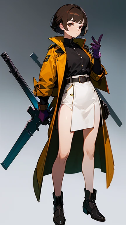 (((Best Quality))) , ((full body)), female, reference sheet, solo, (white background), holding weapon, gloves, trench skirt, belt, standing, casual dress,  side slit skirt, gloves, blue, orange, green, violet, brown, white,
