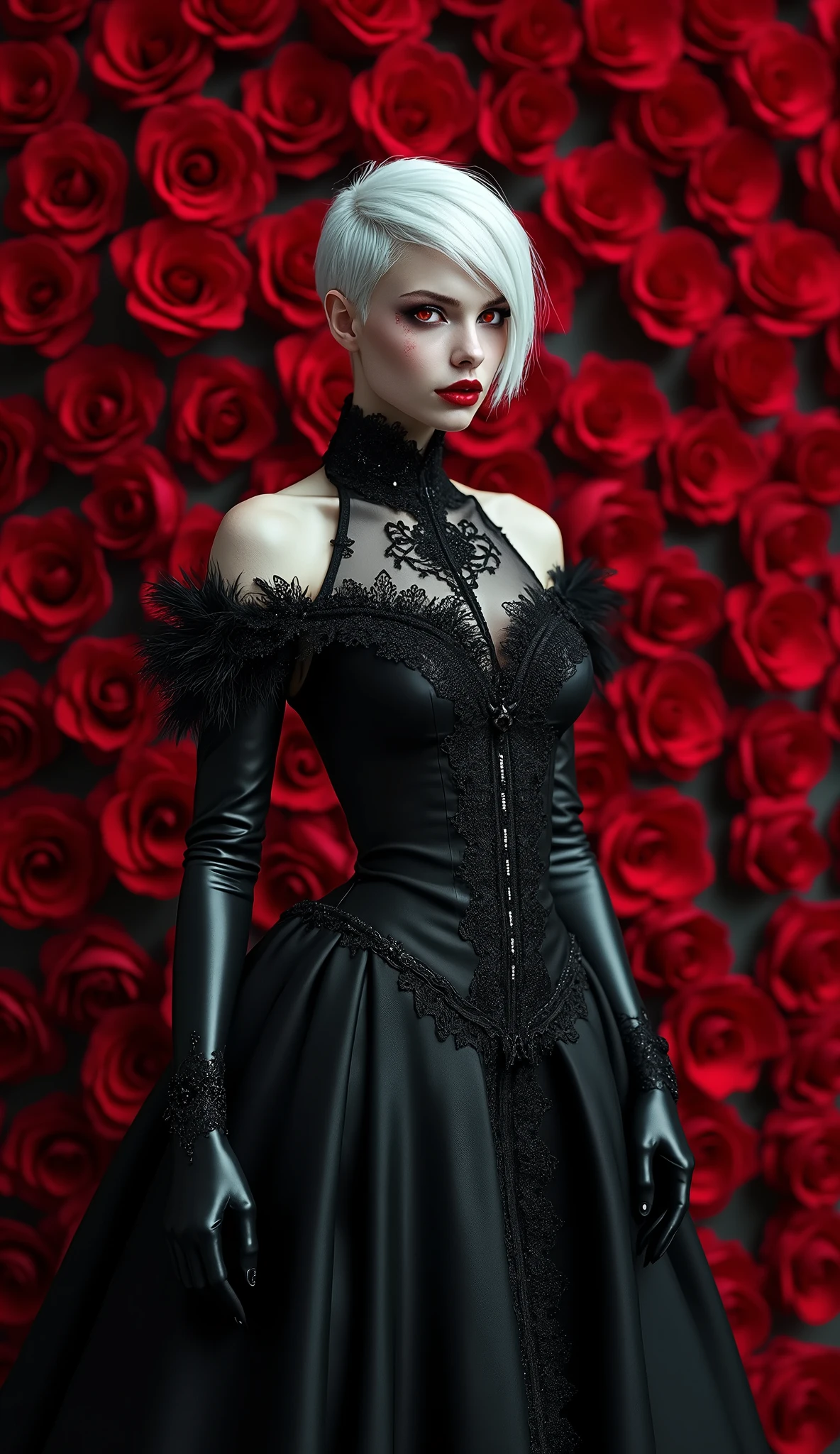 Elle Fanning, hyper realistic cracked skin, (lace fabric), black choker, flying red petals, red lipstick, vampire-like blue eyes, detailed and super bright, provocative poses, ultra realistic, 8k, richness of detail, masterpiece, trend, perverted smile, black gloves, perverted look, bloodthirsty, well-defined features and shadows, (black lace dress with red roses decorating and with flying layers, very sensual with stunning neckline), a black rose in the hair, she has long white hair flowing smoothly in the wind, well defined, realistic photography, striking features, black minimalist photo studio background, PORTRAIT STYLE
