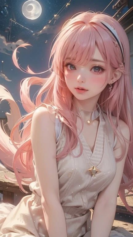 ((masterpiece, ,Highest quality、masterpiece、(The best,4K,【masterpiece, 1 beautiful girl, Delicate eyes, pink hair，whole body,Forward Angle,Wearing a white vest,Wear light clothes in summer，night starry sky background，A sad expression，double tail,earphone,night,moon,star,流star,仰望star空,Full moon,Many stars,Milky Way