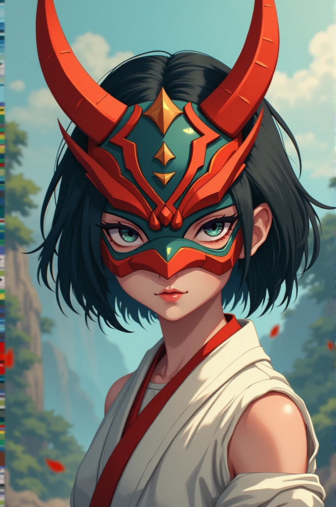 sh4g0d,
girl shaman, wearing mask made of wood, portrait, standing in an s-shape, orange ringlets,