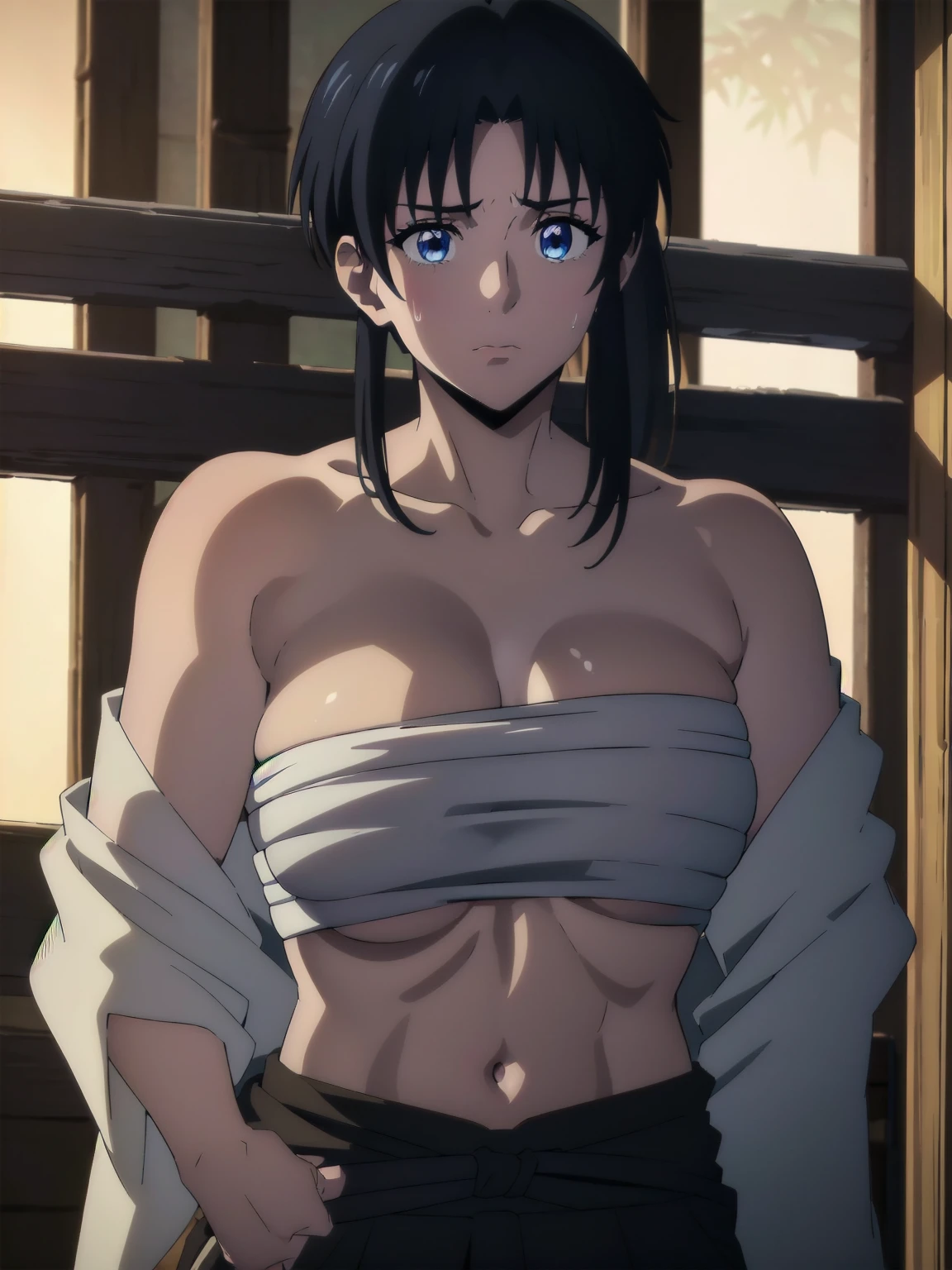 ((((Brown Hakama、One Shoulder、Big Breasts、One shoulder、clavicle、Bright lighting、Holding a bamboo sword、Kimono))))、(Loincloth、Big Breasts、Looking down、sweat、Turning away)、Best Quality, High resolution、Big Breasts、Sad expression、Please be careful when viewing、White Breath、A shy look、shame、Humiliating、Bad luck、、sweaty、White skin、((Cowboy Shot))Black Hairゴム、Kaoru、blue eyes, Black Hair, ponytail , break looking at viewer, break outdoors, break (Tabletop:1.2), (Beautiful detaileded eyes:1.6), extra detaileded face, Perfect lighting, (Perfect hands, Perfect Anatomy)、Mature Woman、Large areola、(masterpiece、Best Quality)、 超High resolution, (Realistic:1.4),(Realistic:1.4)、 (超High resolution:1.2), High resolution、A perfect masterpiece, Best Quality, Family Friendly, Soft and dim lighting, addition_detailed, Good lighting、A highly detaileded、Highly detaileded CG Unity 8K wallpapers、Raising awareness、((beautifull detaileded face))、Side lighting、((Raising awarenessnbest))、Highly detaileded eyes、Perfect lighting、(1 person)、Just focus、Glowing Skin
