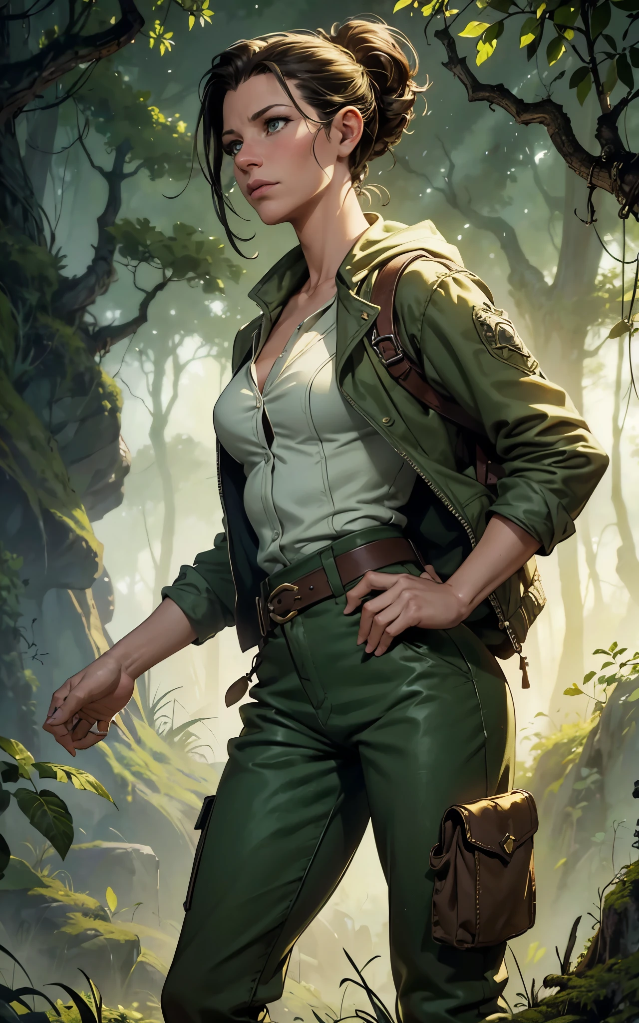 (Evangeline Lilly:Alicia Vikander) ponytail, Explorer in the jungle, white shirt, green jacket, beige cargo pants, year 1925, Lovecraft atmosphere, dark atmosphere, masterpiece, hyperdetailed, trending on artstation, sharp focus, golden ratio, 4k resolution. Digital art, in the style of Luis Royo:Boris Vallejo.