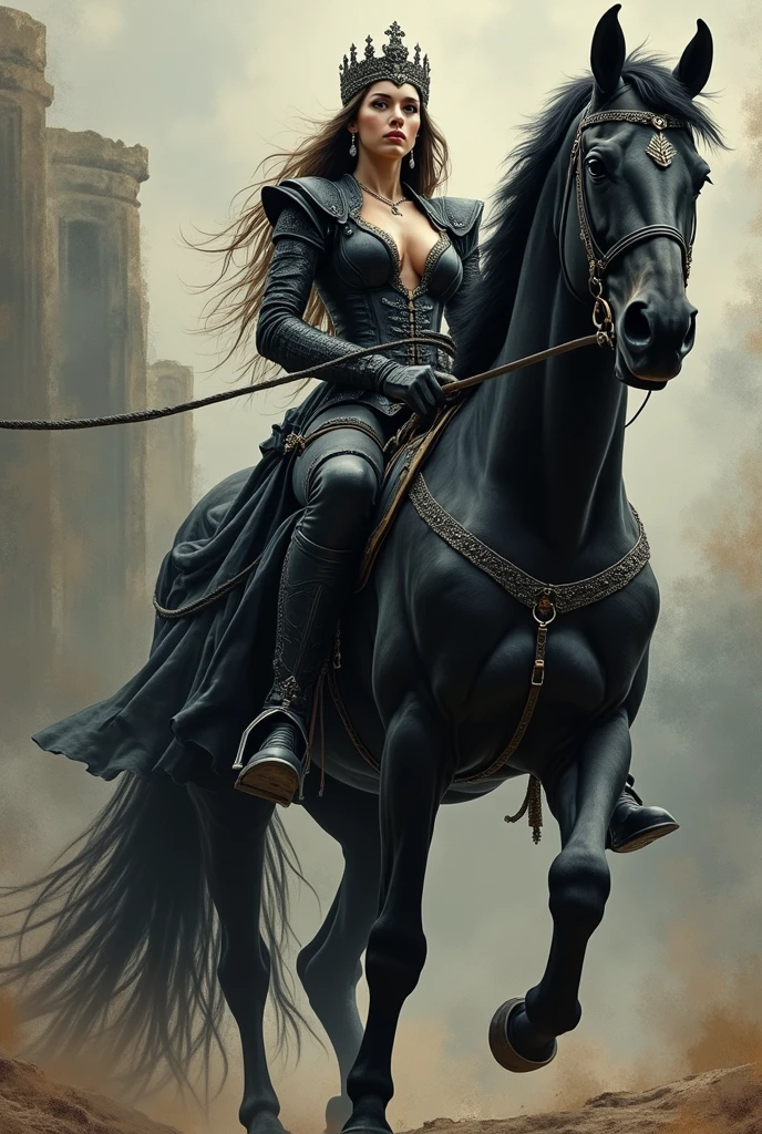 art by shinkawa youji, metal gear of a Giant Evil (Female Nymph:1.3) , Horse-back riding, wearing Witch armor, Facing forward, garden, Foggy conditions, Very wide view, Side lighting, F/8, fairy tale, behance HD, photo-realistic face, <lora:shinkawa_youji_xl_v1f:1> amazing quality